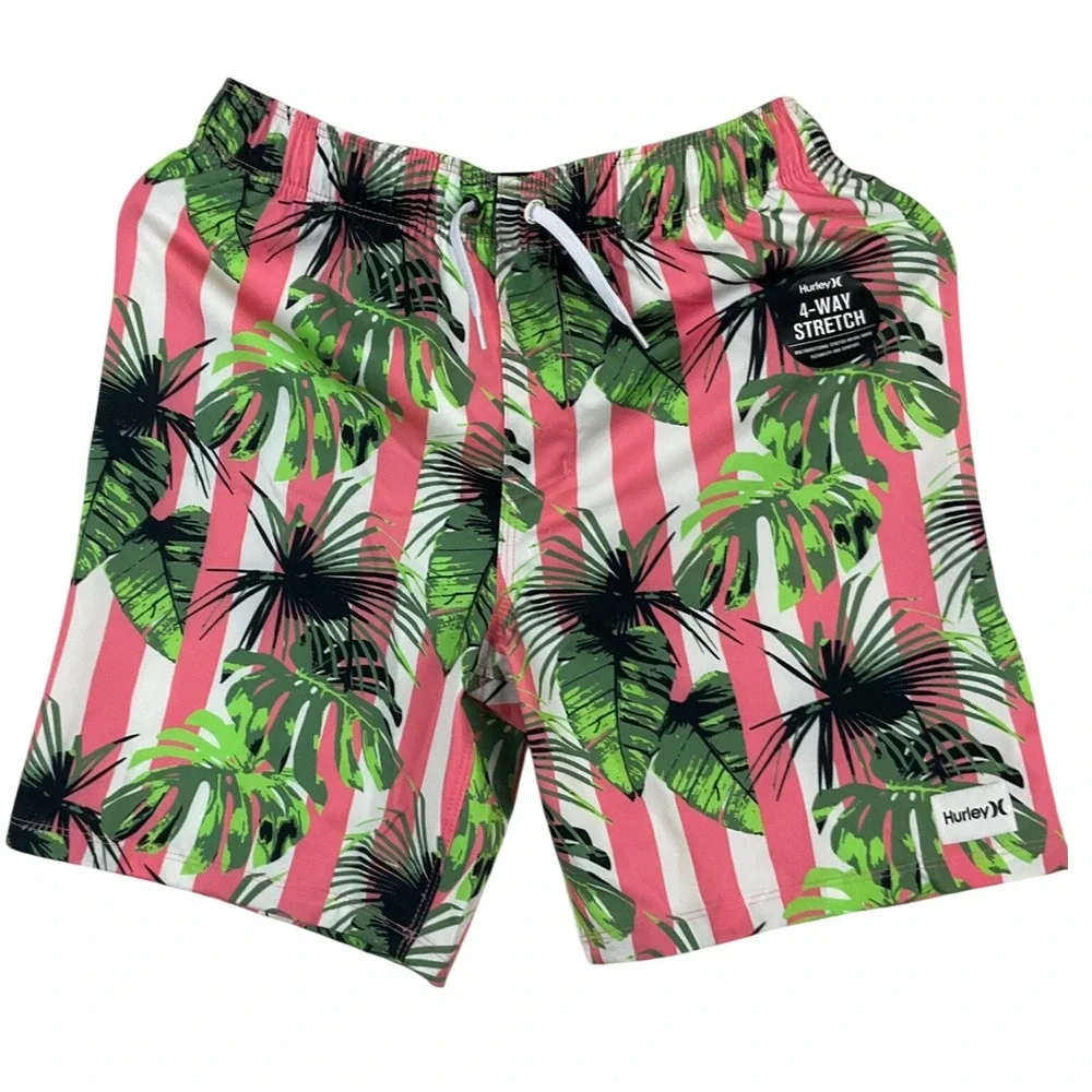 Hurley Boys Pink Tropical Stripe 4-Way‎ Stretch Swim Trunks Board Shorts Large L